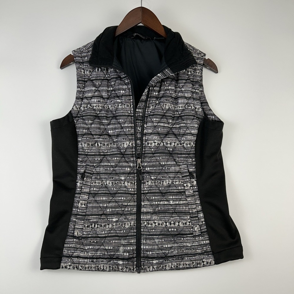 Marmot Womens Quilted Puff Vest Size M Black Zip Pull Cord‎ Geo Print